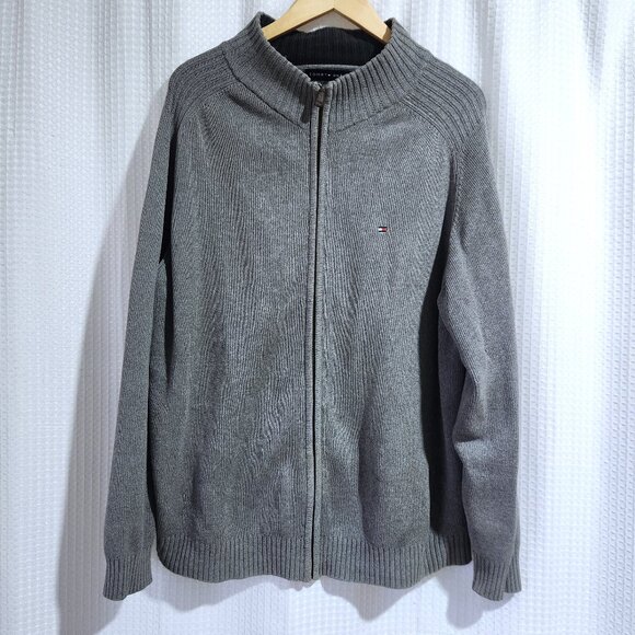 Tommy Hilfiger Zip up Cardigan Sweater Men's Size XL Grey Knit Cotton - Picture 1 of 5